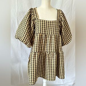 Nasty Gal Smock Gingham Dress Tiered Puff Sleeve Mini